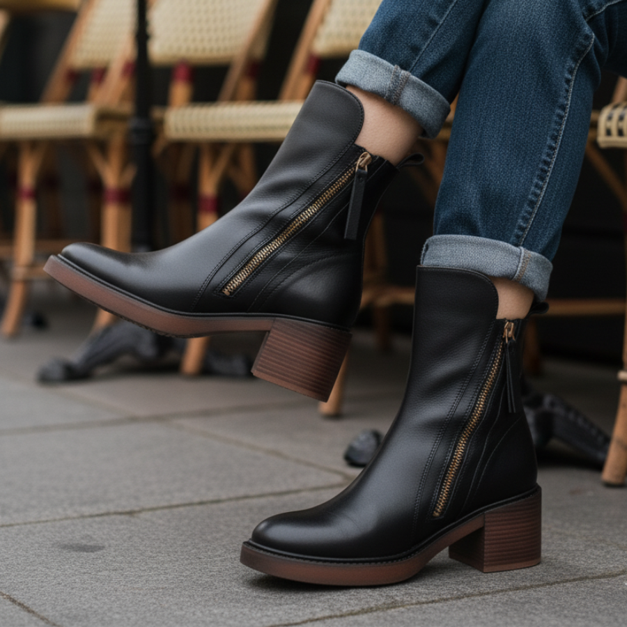 Valorine™ | Black leather boots with a comfortable heel, stylish and timeless