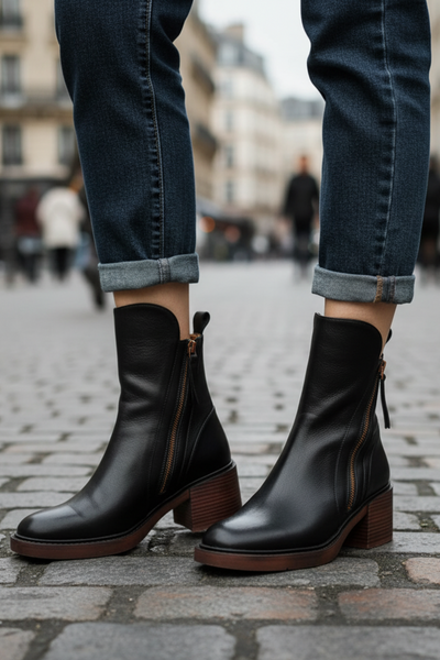 Valorine™ | Black leather boots with a comfortable heel, stylish and timeless