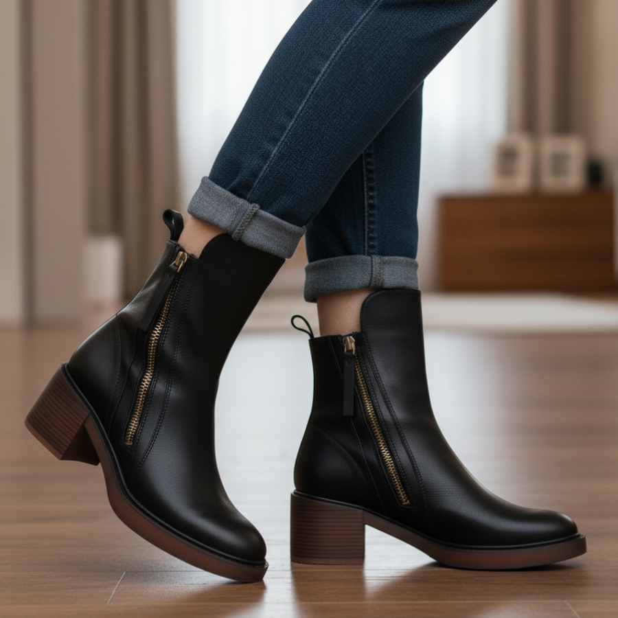 Valorine™ | Black leather boots with a comfortable heel, stylish and timeless