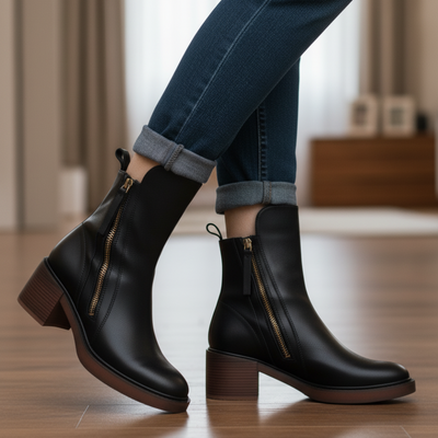 Valorine™ | Black leather boots with a comfortable heel, stylish and timeless