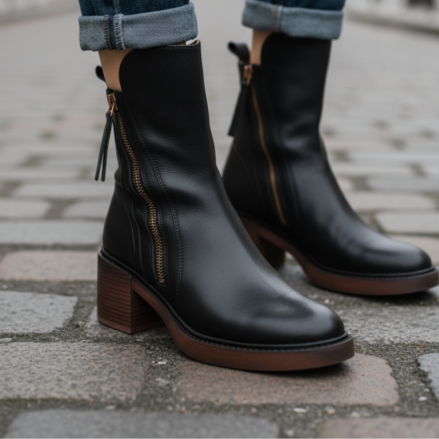 Valorine™ | Black leather boots with a comfortable heel, stylish and timeless