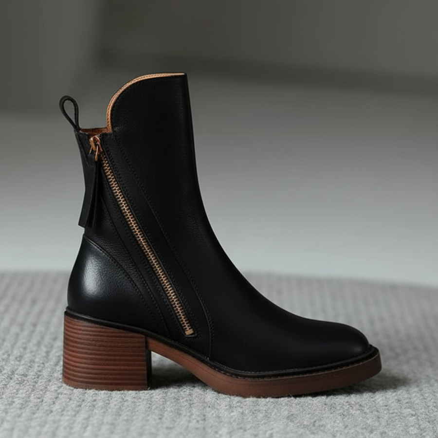 Valorine™ | Black leather boots with a comfortable heel, stylish and timeless