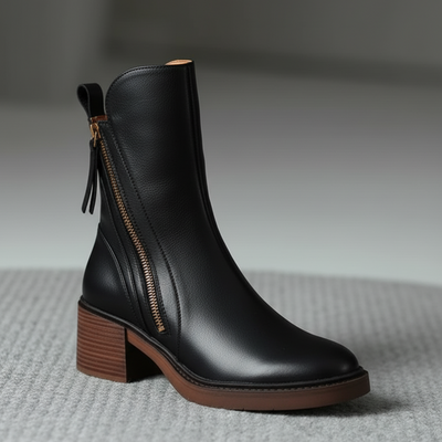 Valorine™ | Black leather boots with a comfortable heel, stylish and timeless